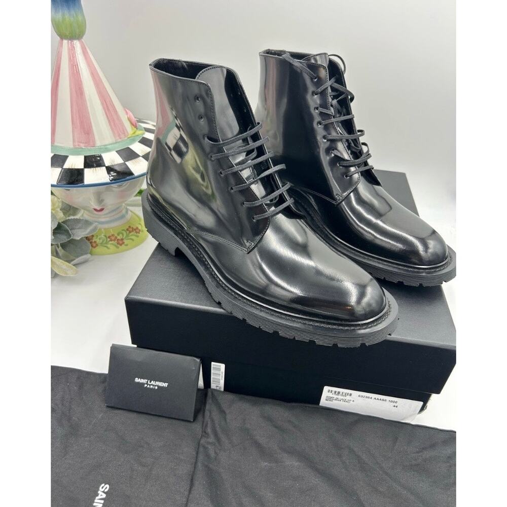 Men's Saint Laurent Glossy Black Men’s Lace-Up Ankle Boots size 44 made in Italy